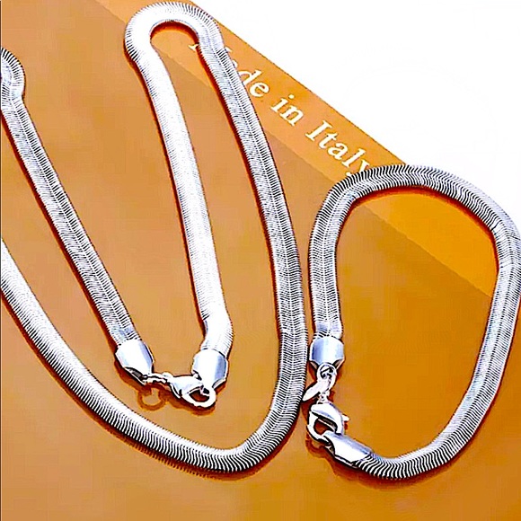 STERLING SILVER HERRINGBONE FLAT SNAKE CHAIN NECKLACE BRACELET MATCHING SET - Picture 1 of 7